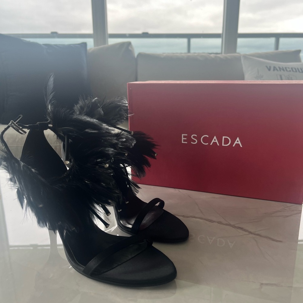 Escada Black Feather Embellished Sandals